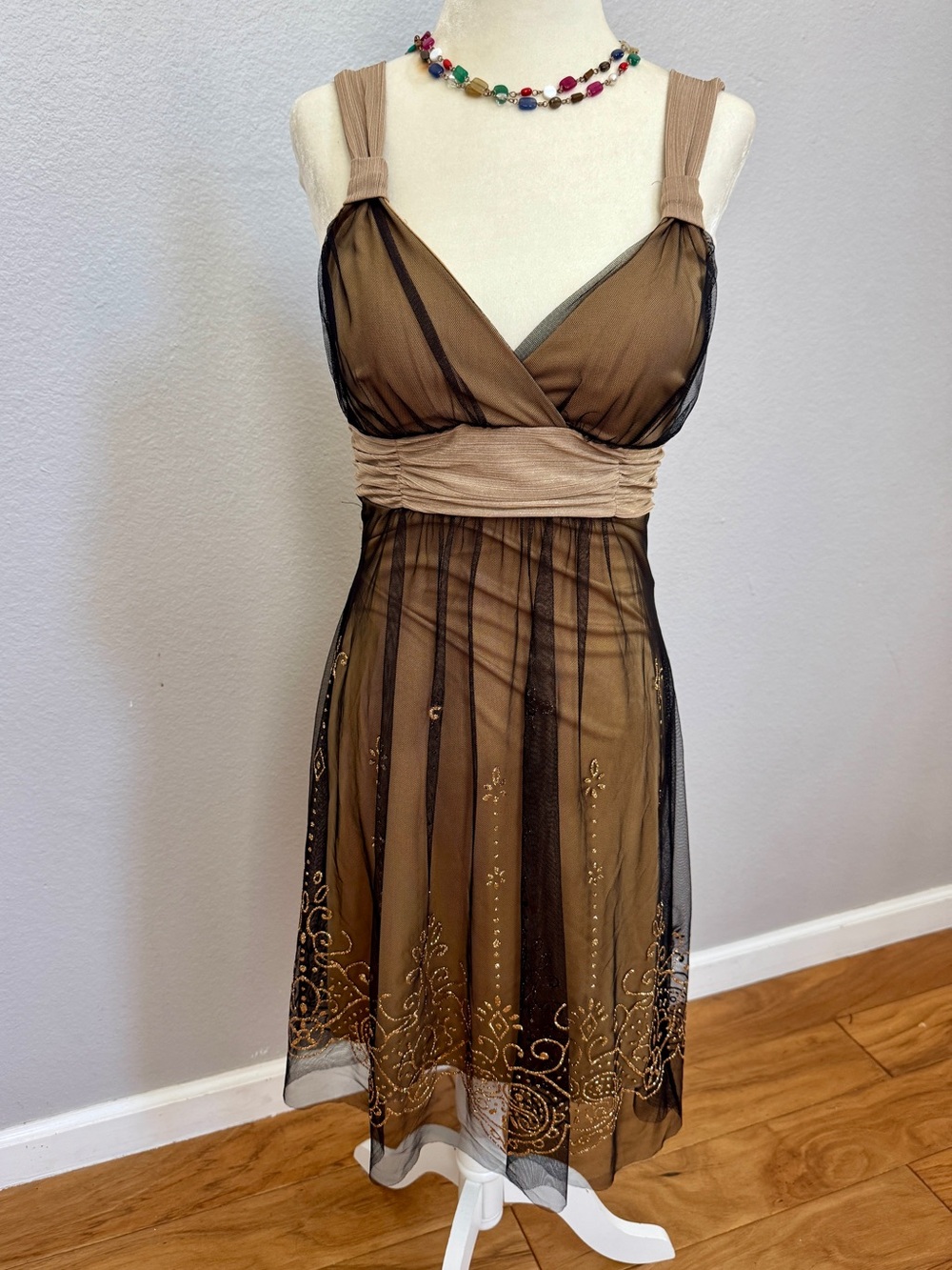 New with Tags Papaya Sheer Black Overlay Satin Empire Waist Dress medium